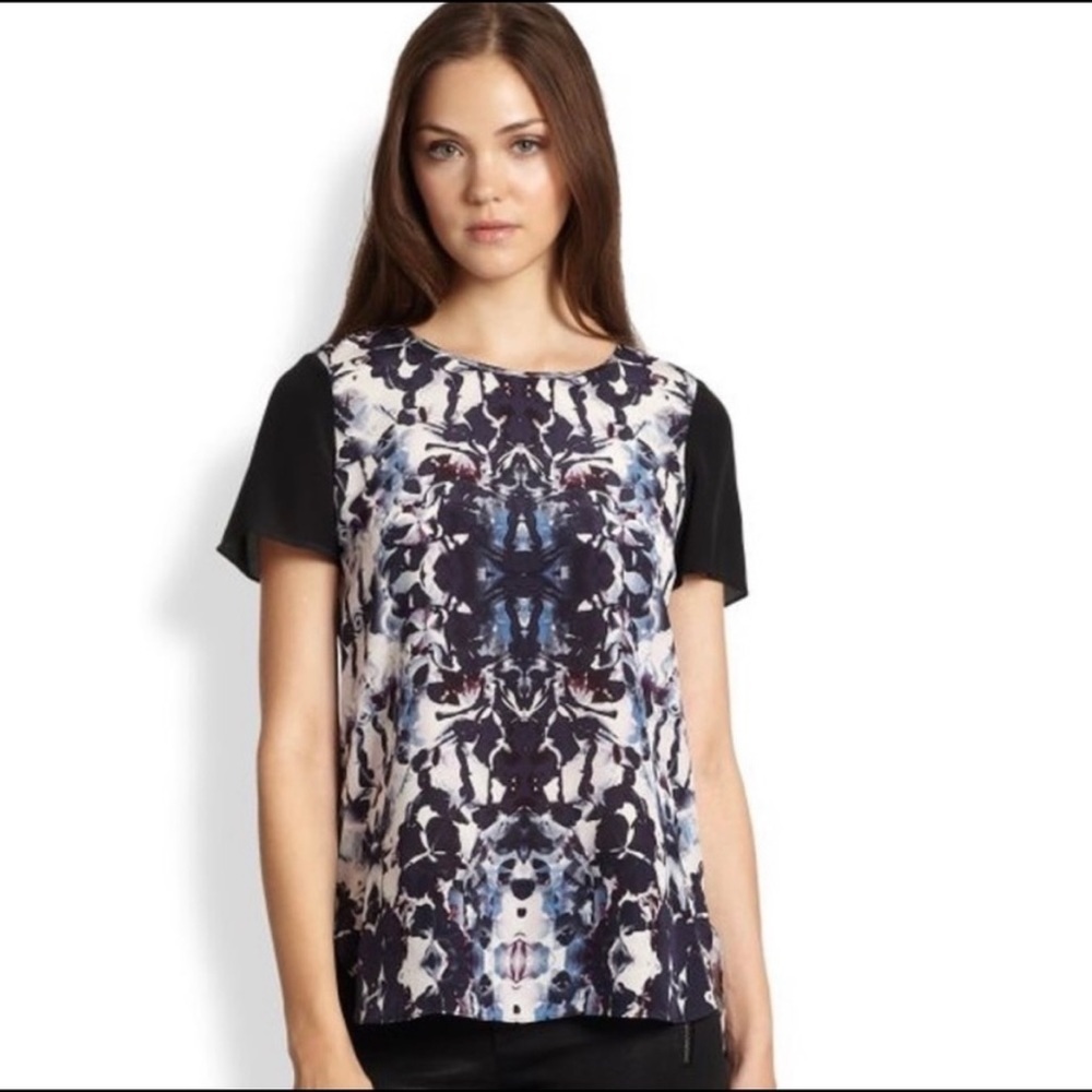 Rebecca Taylor  Blue black Abstract Printed Short Sleeve Silk Blouse Size 8